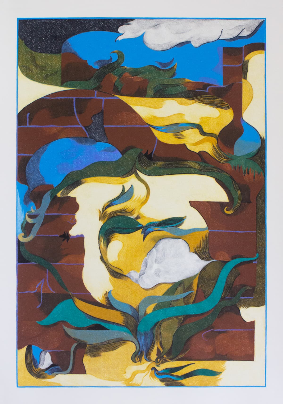 Unissa toistuvia kohtaamisia menneisyyden kanssa| 70 x 100 cm| Wax pastel on paper| 2024